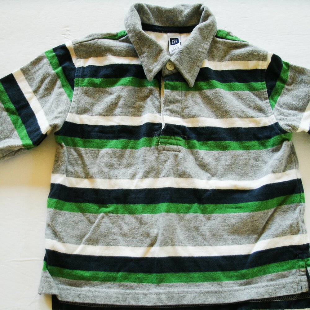 Gap Boys Shirt Polo Green Gray Blue Long Sleeve Stripe 2T